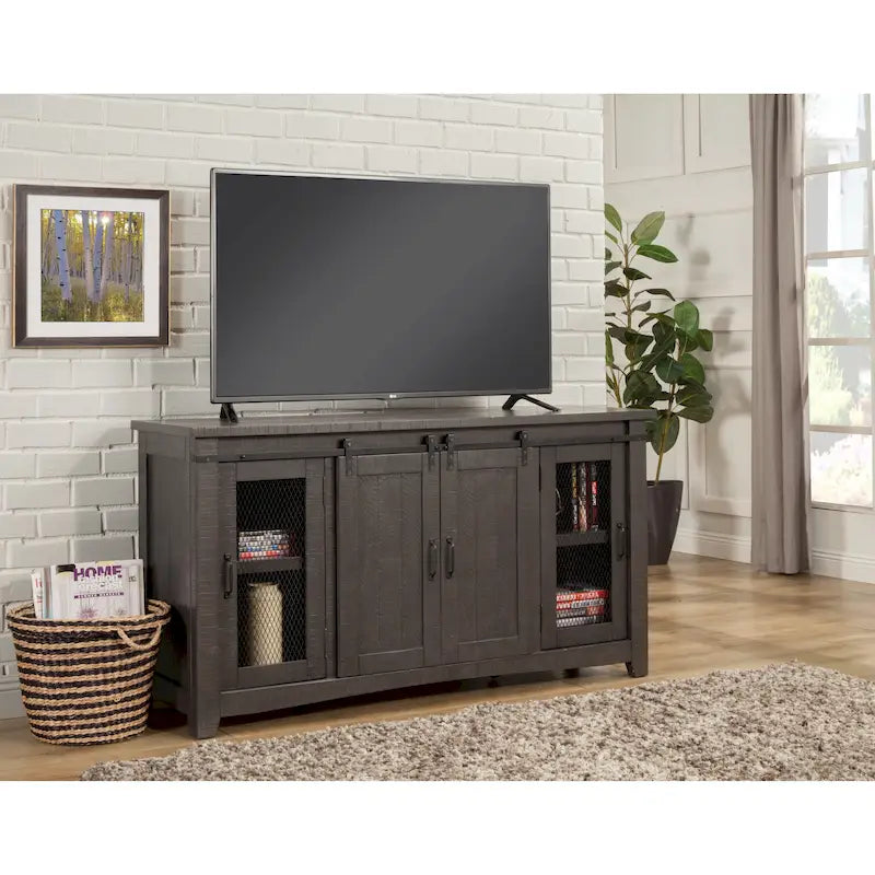 Meuble TV rustique de ferme en pin massif avec portes coulissantes - Noir antique / Blanc gris / Naturel / Blanc antique / Miel Tabac / Espresso / Gris - Usage unique
