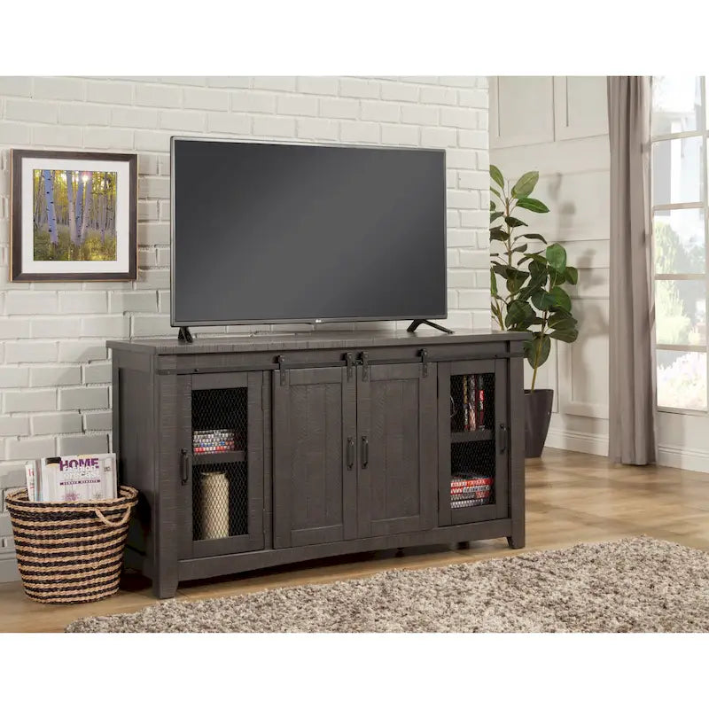 Meuble TV rustique de ferme en pin massif avec portes coulissantes - Noir antique / Blanc gris / Naturel / Blanc antique / Miel Tabac / Espresso / Gris - Usage unique