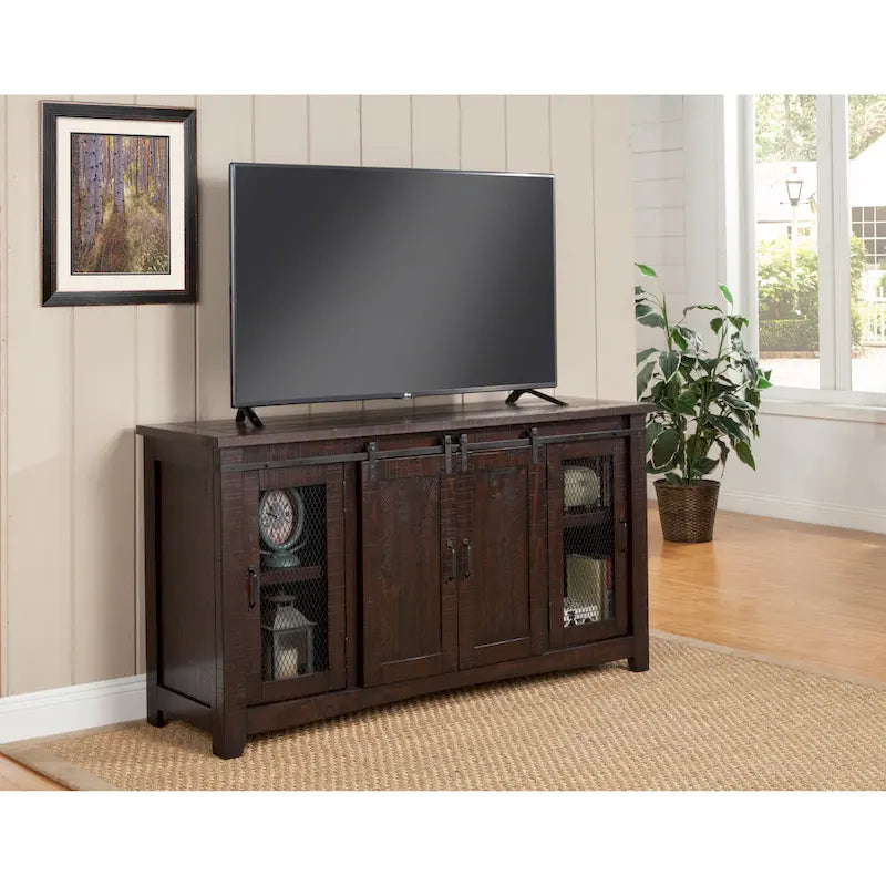 Meuble TV rustique de ferme en pin massif avec portes coulissantes - Noir antique / Blanc gris / Naturel / Blanc antique / Miel Tabac / Espresso / Gris - Usage unique