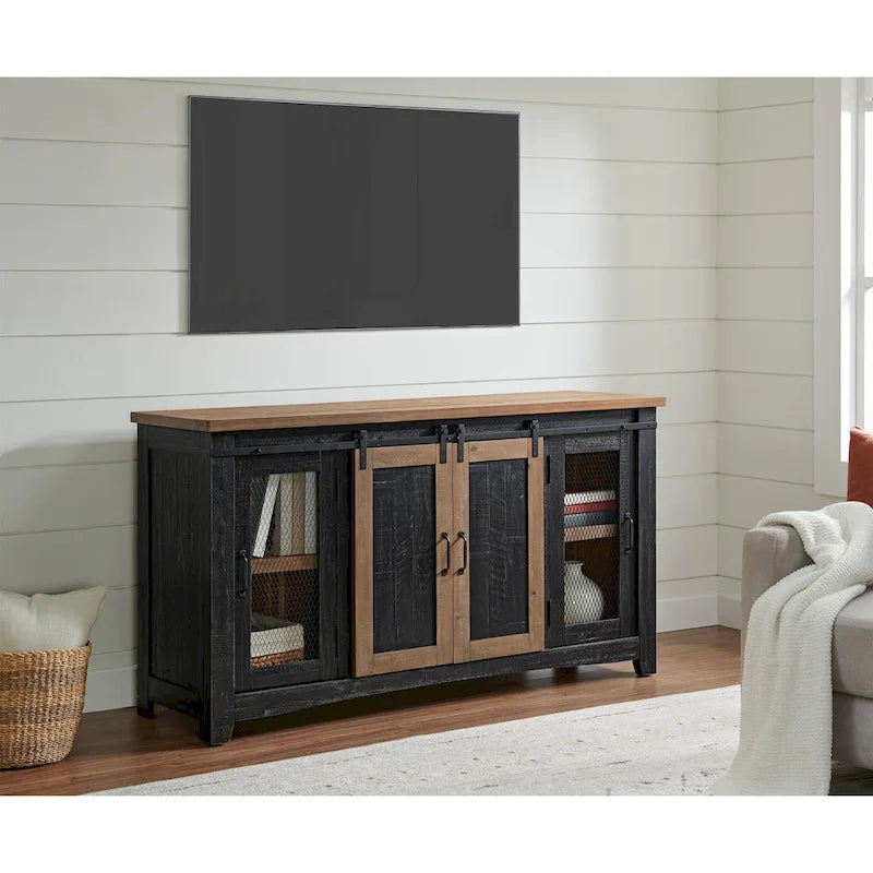 Meuble TV rustique de ferme en pin massif avec portes coulissantes - Noir antique / Blanc gris / Naturel / Blanc antique / Miel Tabac / Espresso / Gris - Usage unique