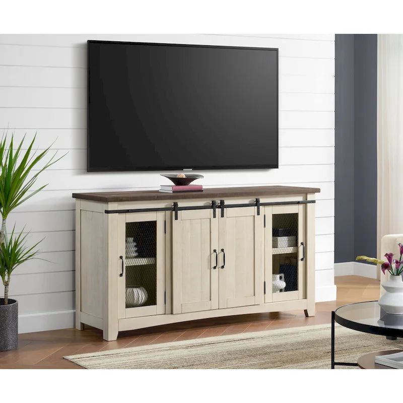 Meuble TV rustique de ferme en pin massif avec portes coulissantes - Noir antique / Blanc gris / Naturel / Blanc antique / Miel Tabac / Espresso / Gris - Usage unique