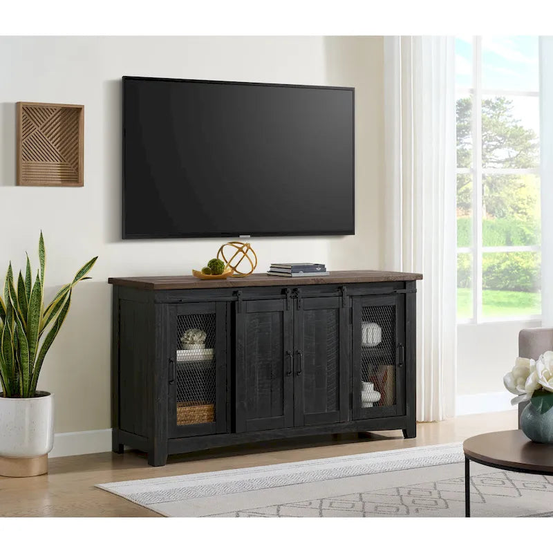 Meuble TV rustique de ferme en pin massif avec portes coulissantes - Noir antique / Blanc gris / Naturel / Blanc antique / Miel Tabac / Espresso / Gris - Usage unique