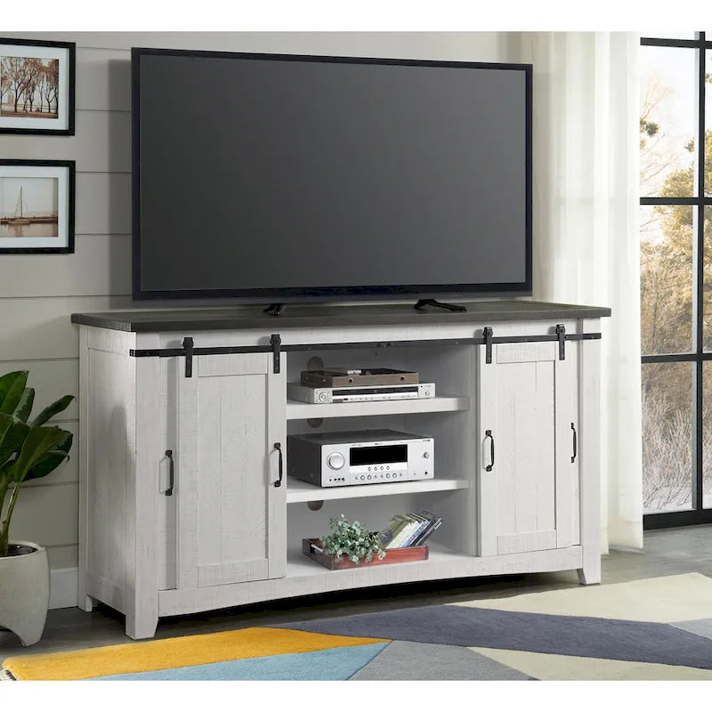 Meuble TV rustique de ferme en pin massif avec portes coulissantes - Noir antique / Blanc gris / Naturel / Blanc antique / Miel Tabac / Espresso / Gris - Usage unique