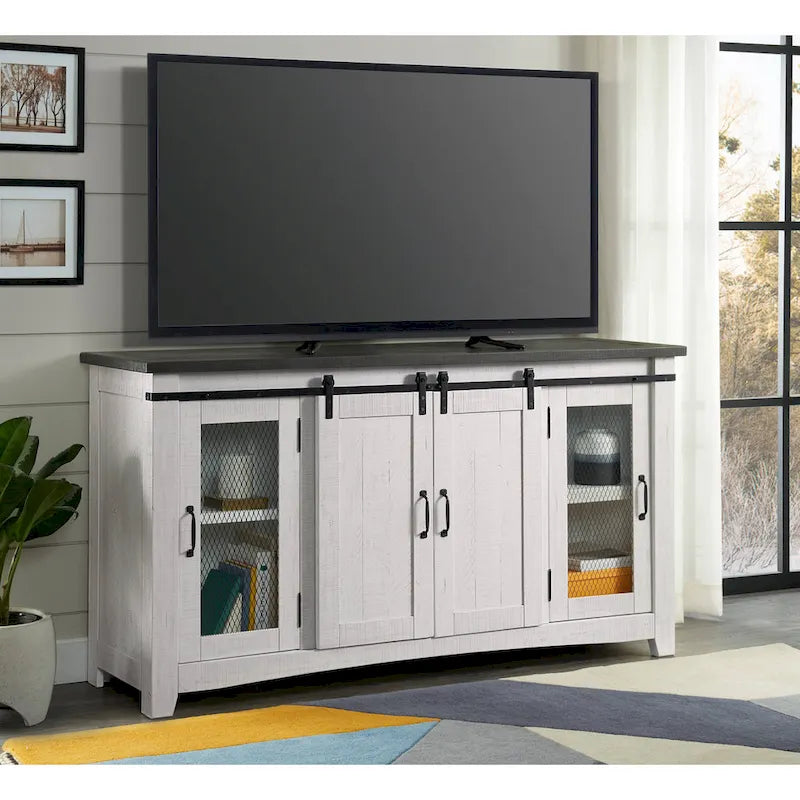 Meuble TV rustique de ferme en pin massif avec portes coulissantes - Noir antique / Blanc gris / Naturel / Blanc antique / Miel Tabac / Espresso / Gris - Usage unique
