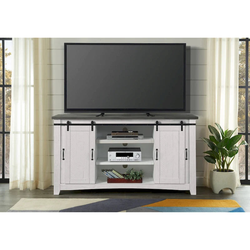 Meuble TV rustique de ferme en pin massif avec portes coulissantes - Noir antique / Blanc gris / Naturel / Blanc antique / Miel Tabac / Espresso / Gris - Usage unique