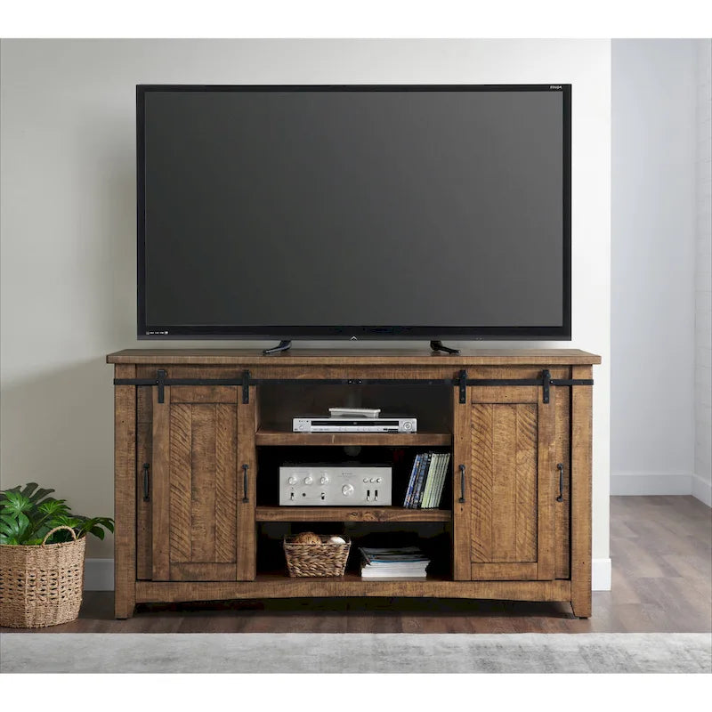 Meuble TV rustique de ferme en pin massif avec portes coulissantes - Noir antique / Blanc gris / Naturel / Blanc antique / Miel Tabac / Espresso / Gris - Usage unique