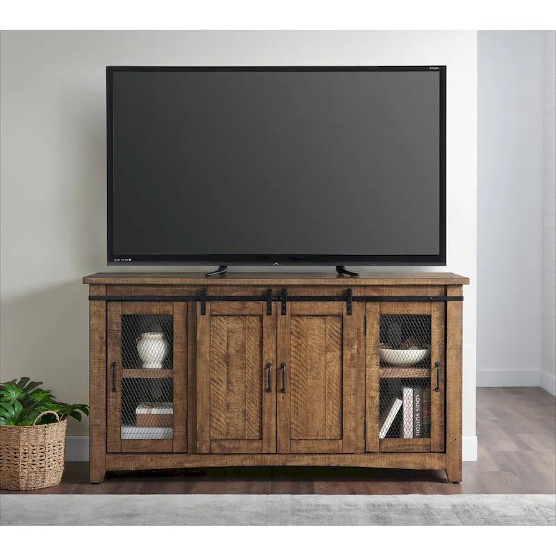 Meuble TV rustique de ferme en pin massif avec portes coulissantes - Noir antique / Blanc gris / Naturel / Blanc antique / Miel Tabac / Espresso / Gris - Usage unique