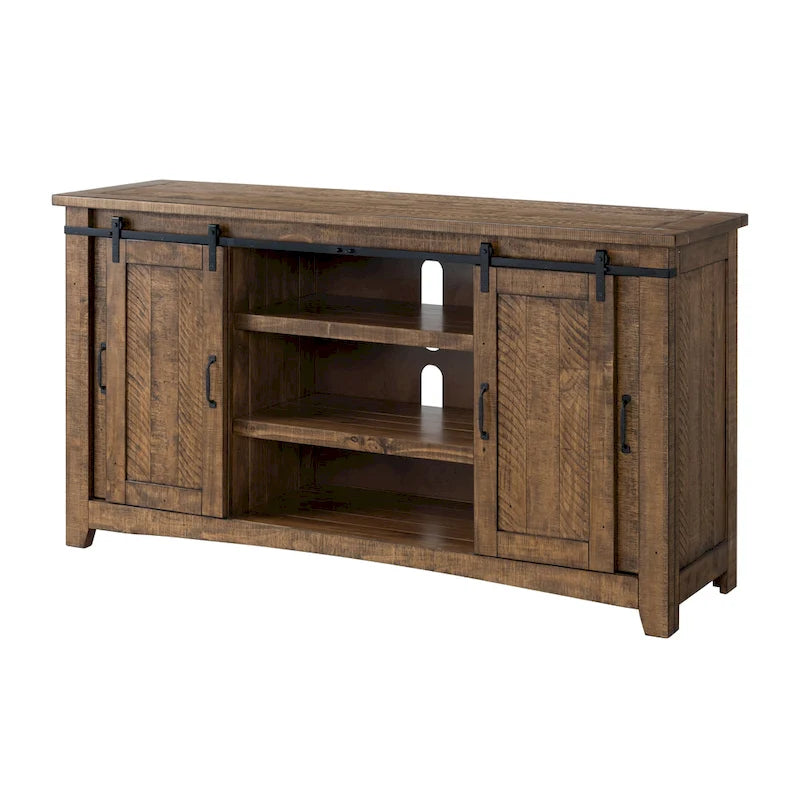 Meuble TV rustique de ferme en pin massif avec portes coulissantes - Noir antique / Blanc gris / Naturel / Blanc antique / Miel Tabac / Espresso / Gris - Usage unique