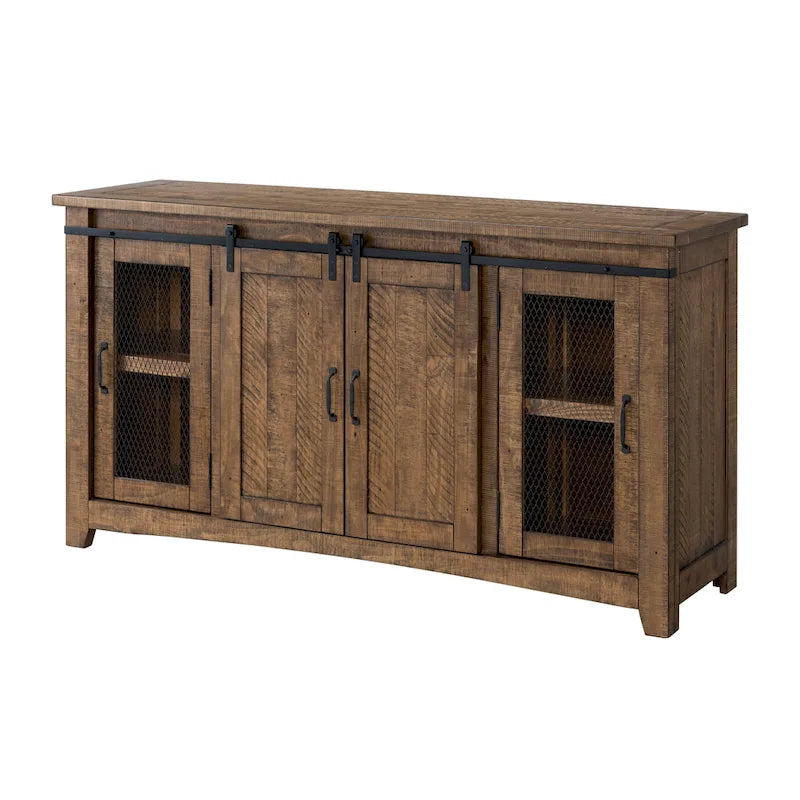 Meuble TV rustique de ferme en pin massif avec portes coulissantes - Noir antique / Blanc gris / Naturel / Blanc antique / Miel Tabac / Espresso / Gris - Usage unique