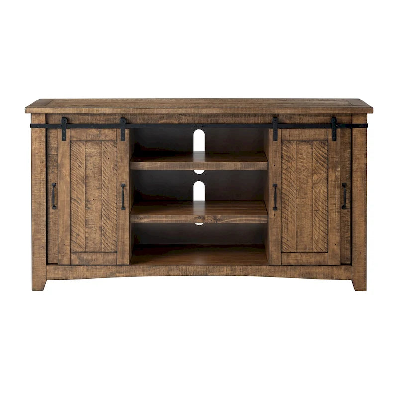 Meuble TV rustique de ferme en pin massif avec portes coulissantes - Noir antique / Blanc gris / Naturel / Blanc antique / Miel Tabac / Espresso / Gris - Usage unique