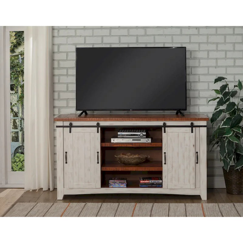 Meuble TV rustique de ferme en pin massif avec portes coulissantes - Noir antique / Blanc gris / Naturel / Blanc antique / Miel Tabac / Espresso / Gris - Usage unique