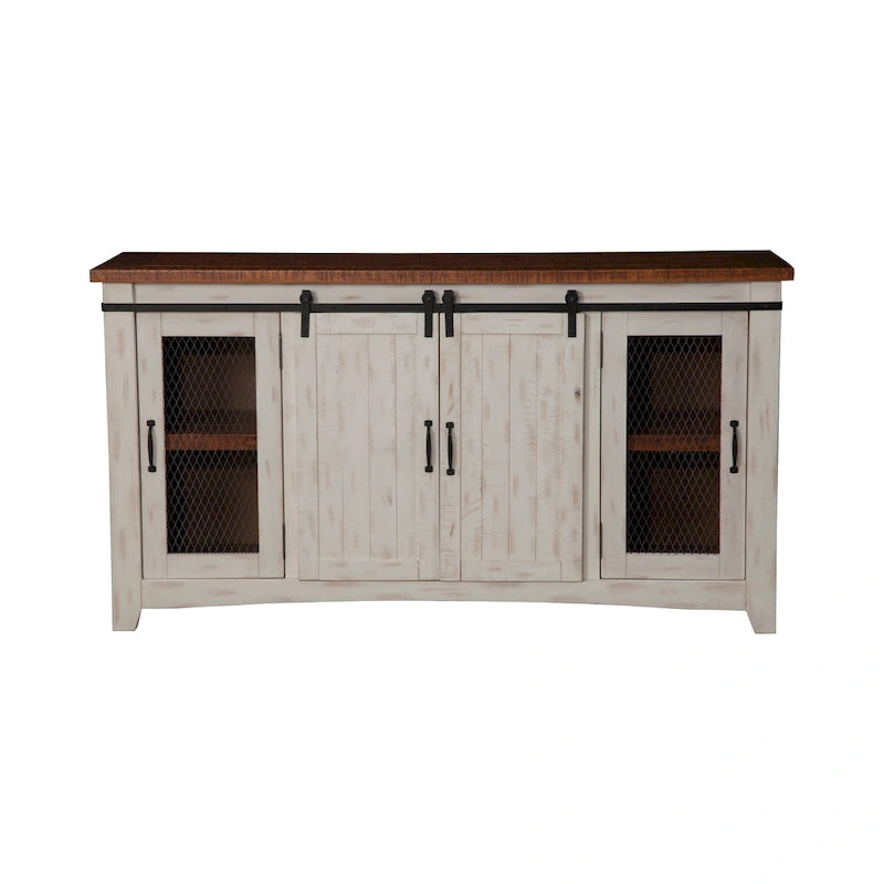 Meuble TV rustique de ferme en pin massif avec portes coulissantes - Noir antique / Blanc gris / Naturel / Blanc antique / Miel Tabac / Espresso / Gris - Usage unique