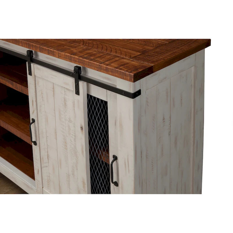 Meuble TV rustique de ferme en pin massif avec portes coulissantes - Noir antique / Blanc gris / Naturel / Blanc antique / Miel Tabac / Espresso / Gris - Usage unique
