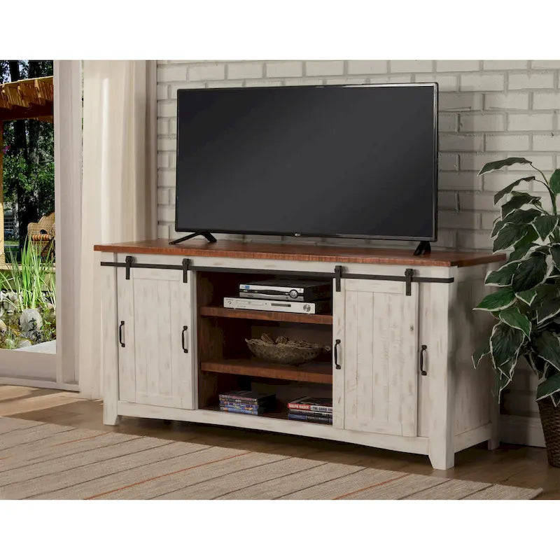 Meuble TV rustique de ferme en pin massif avec portes coulissantes - Noir antique / Blanc gris / Naturel / Blanc antique / Miel Tabac / Espresso / Gris - Usage unique