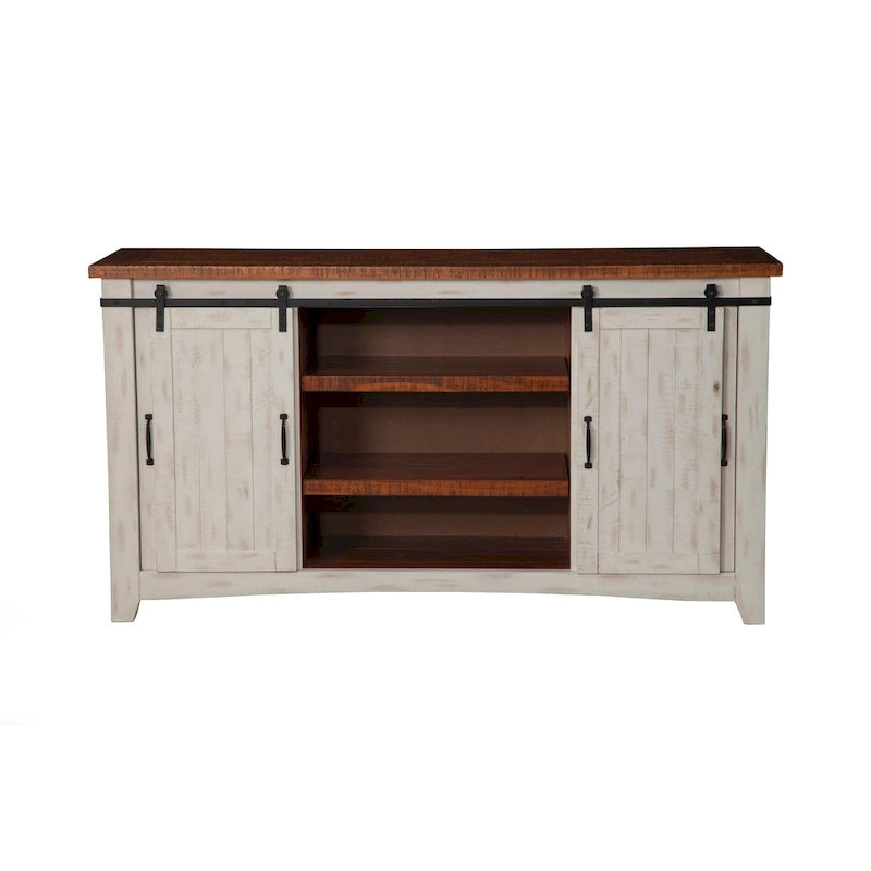 Meuble TV rustique de ferme en pin massif avec portes coulissantes - Noir antique / Blanc gris / Naturel / Blanc antique / Miel Tabac / Espresso / Gris - Usage unique