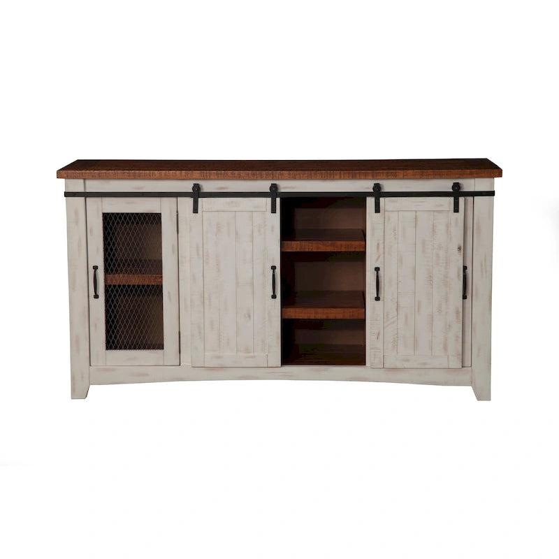Meuble TV rustique de ferme en pin massif avec portes coulissantes - Noir antique / Blanc gris / Naturel / Blanc antique / Miel Tabac / Espresso / Gris - Usage unique