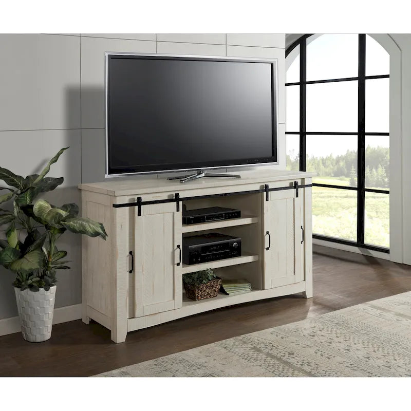 Meuble TV rustique de ferme en pin massif avec portes coulissantes - Noir antique / Blanc gris / Naturel / Blanc antique / Miel Tabac / Espresso / Gris - Usage unique
