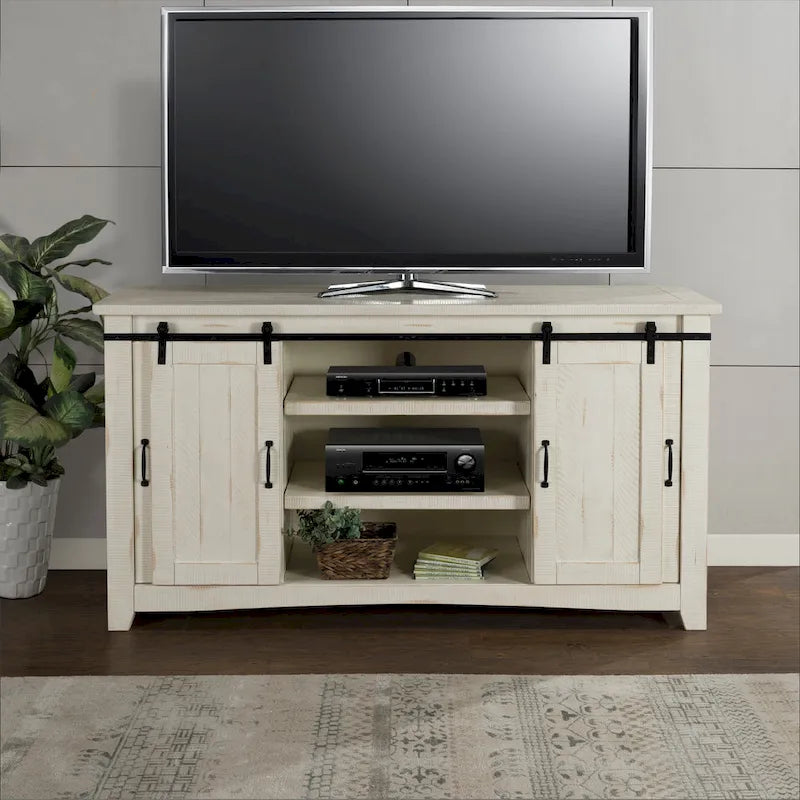Meuble TV rustique de ferme en pin massif avec portes coulissantes - Noir antique / Blanc gris / Naturel / Blanc antique / Miel Tabac / Espresso / Gris - Usage unique