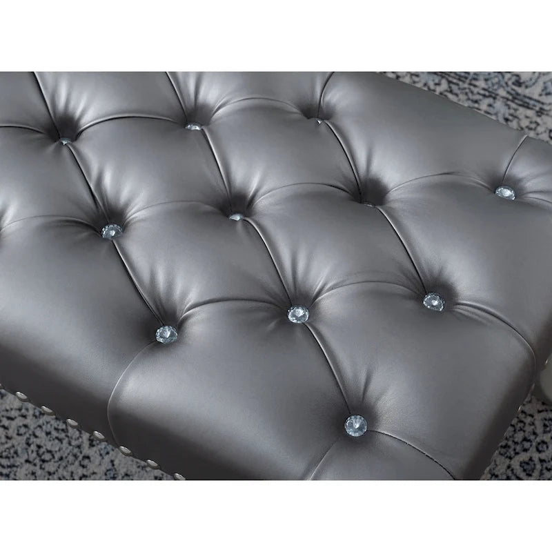 Banc tapissé capitonné argent / gris avec garniture cloutée et pieds de style Queen Anne - 2 personnes