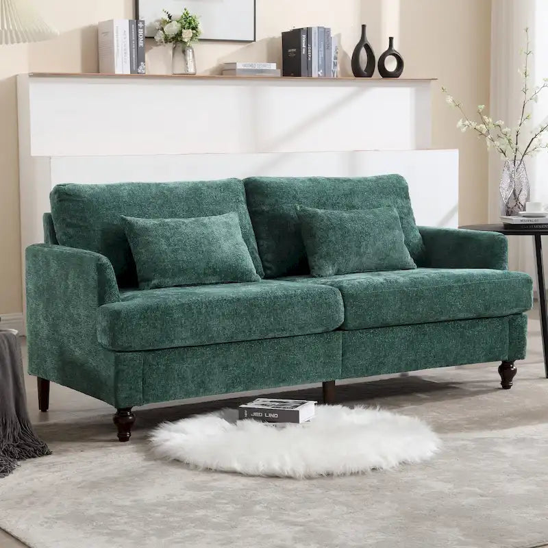Causeuse en chenille mi-siècle moderne émeraude/grise/noire/rose/beige/orange avec cadre en bois et coussins amovibles - 2 places