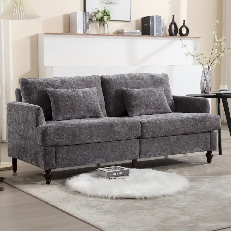 Causeuse en chenille mi-siècle moderne émeraude/grise/noire/rose/beige/orange avec cadre en bois et coussins amovibles - 2 places