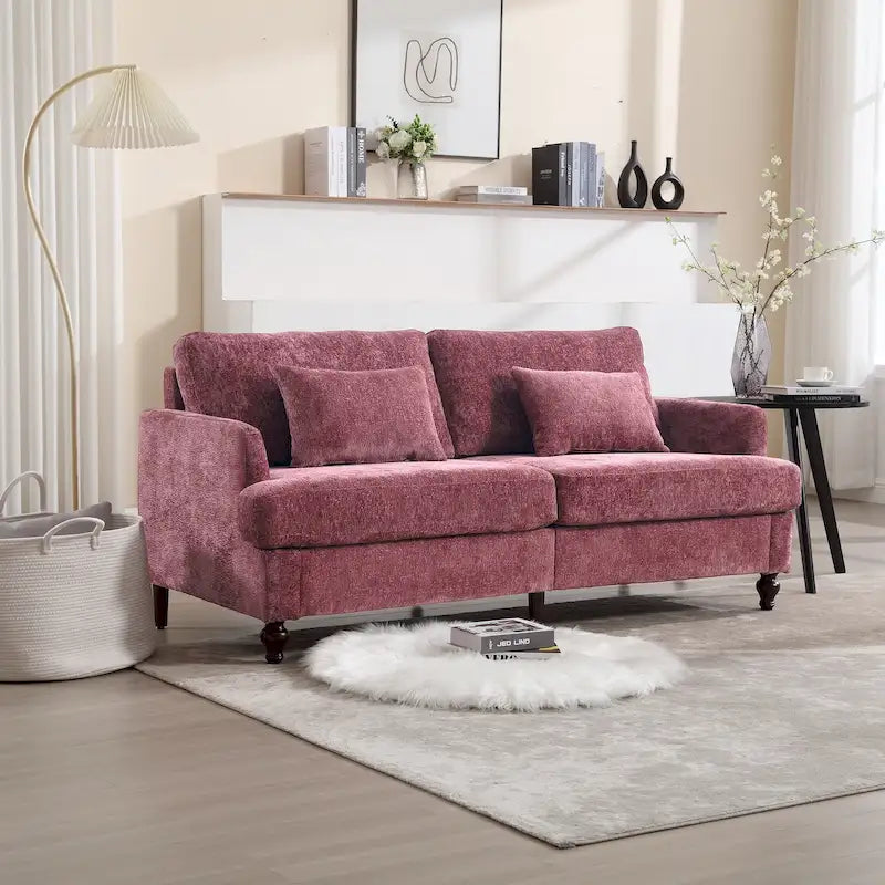 Causeuse en chenille mi-siècle moderne émeraude/grise/noire/rose/beige/orange avec cadre en bois et coussins amovibles - 2 places