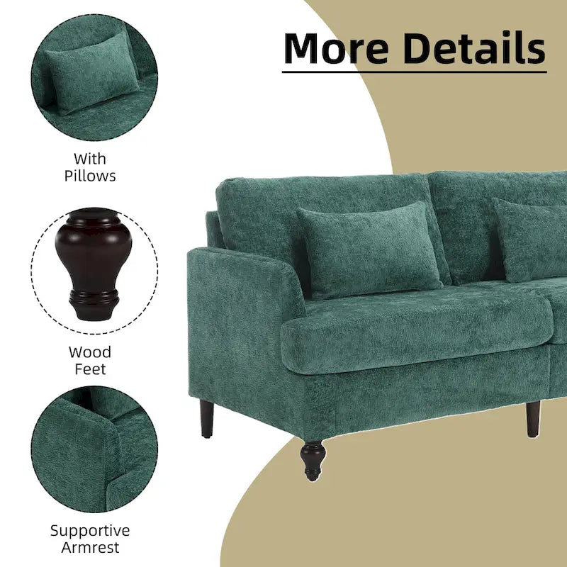 Causeuse en chenille mi-siècle moderne émeraude/grise/noire/rose/beige/orange avec cadre en bois et coussins amovibles - 2 places