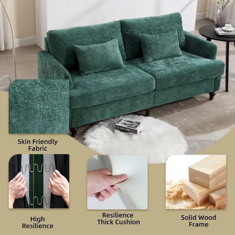 Causeuse en chenille mi-siècle moderne émeraude/grise/noire/rose/beige/orange avec cadre en bois et coussins amovibles - 2 places