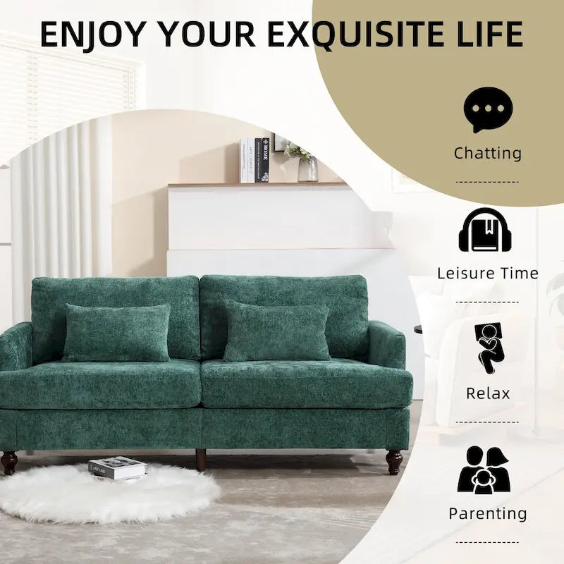 Causeuse en chenille mi-siècle moderne émeraude/grise/noire/rose/beige/orange avec cadre en bois et coussins amovibles - 2 places