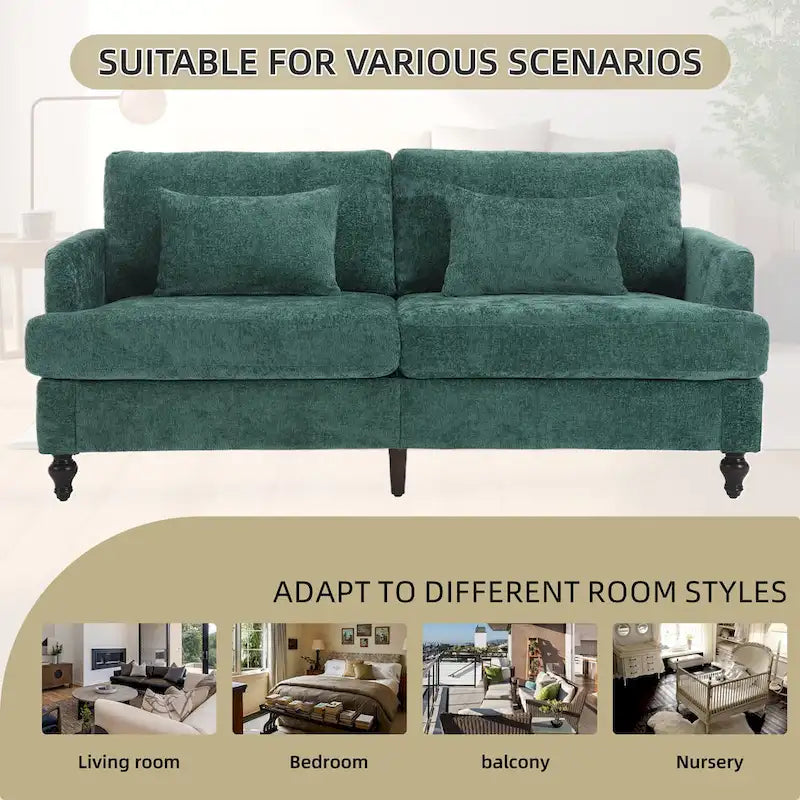 Causeuse en chenille mi-siècle moderne émeraude/grise/noire/rose/beige/orange avec cadre en bois et coussins amovibles - 2 places