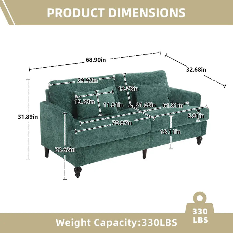 Causeuse en chenille mi-siècle moderne émeraude/grise/noire/rose/beige/orange avec cadre en bois et coussins amovibles - 2 places