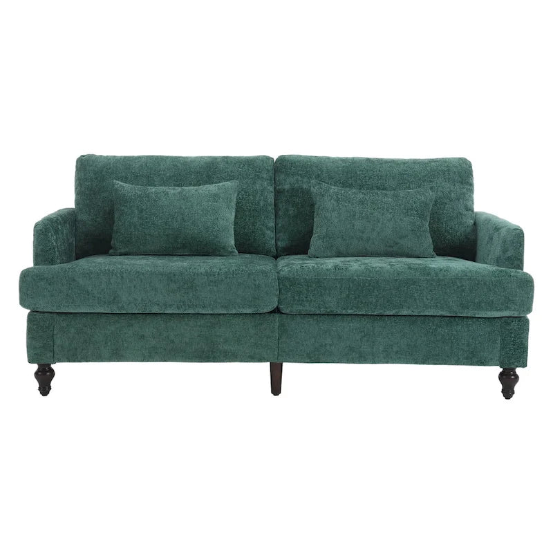 Causeuse en chenille mi-siècle moderne émeraude/grise/noire/rose/beige/orange avec cadre en bois et coussins amovibles - 2 places