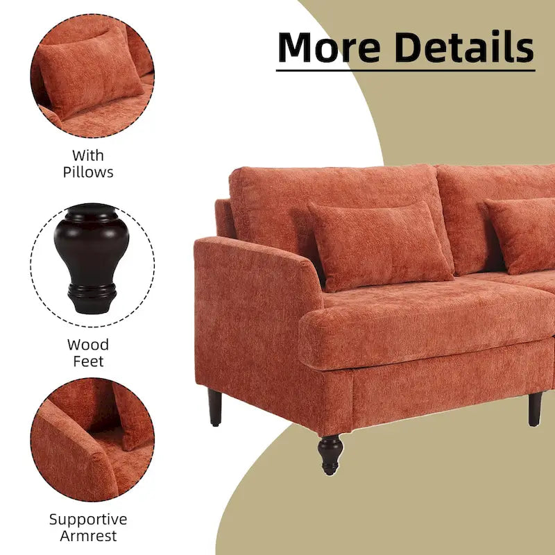 Causeuse en chenille mi-siècle moderne émeraude/grise/noire/rose/beige/orange avec cadre en bois et coussins amovibles - 2 places