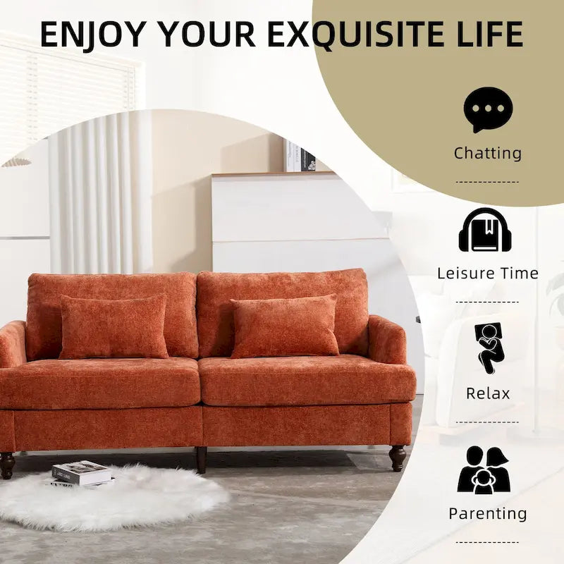 Causeuse en chenille mi-siècle moderne émeraude/grise/noire/rose/beige/orange avec cadre en bois et coussins amovibles - 2 places