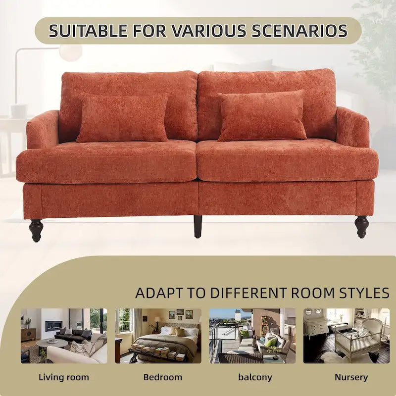Causeuse en chenille mi-siècle moderne émeraude/grise/noire/rose/beige/orange avec cadre en bois et coussins amovibles - 2 places