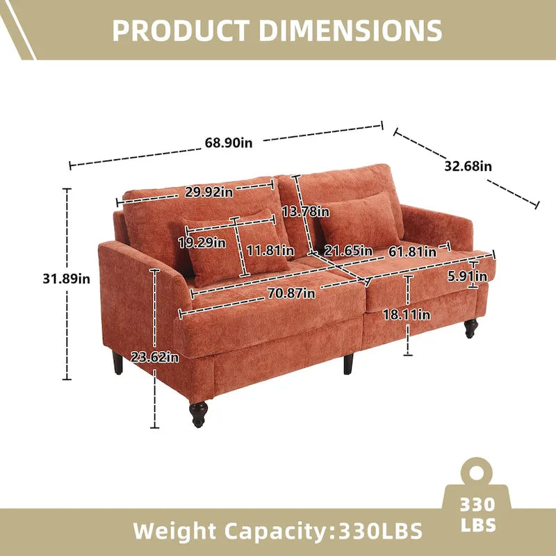 Causeuse en chenille mi-siècle moderne émeraude/grise/noire/rose/beige/orange avec cadre en bois et coussins amovibles - 2 places