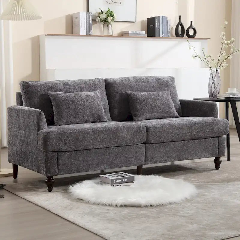 Causeuse en chenille mi-siècle moderne émeraude/grise/noire/rose/beige/orange avec cadre en bois et coussins amovibles - 2 places