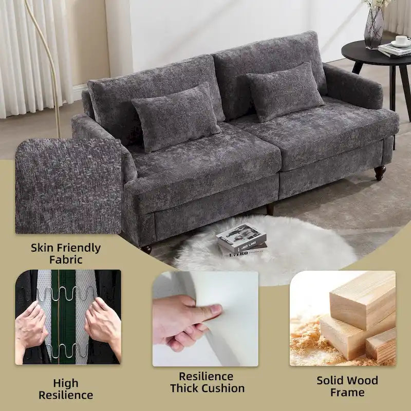 Causeuse en chenille mi-siècle moderne émeraude/grise/noire/rose/beige/orange avec cadre en bois et coussins amovibles - 2 places