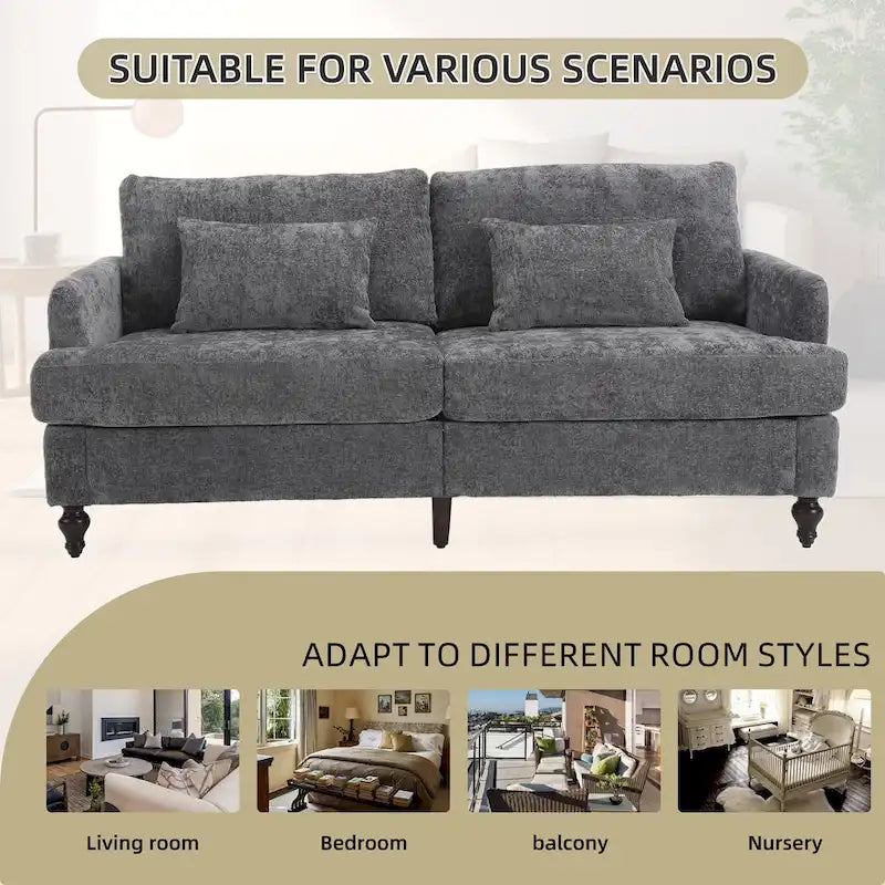 Causeuse en chenille mi-siècle moderne émeraude/grise/noire/rose/beige/orange avec cadre en bois et coussins amovibles - 2 places