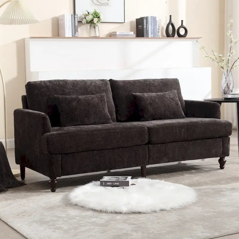 Causeuse en chenille mi-siècle moderne émeraude/grise/noire/rose/beige/orange avec cadre en bois et coussins amovibles - 2 places