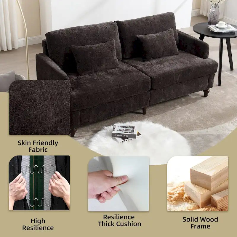 Causeuse en chenille mi-siècle moderne émeraude/grise/noire/rose/beige/orange avec cadre en bois et coussins amovibles - 2 places