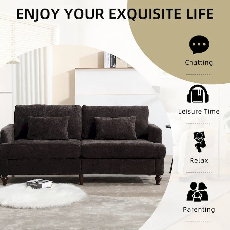 Causeuse en chenille mi-siècle moderne émeraude/grise/noire/rose/beige/orange avec cadre en bois et coussins amovibles - 2 places