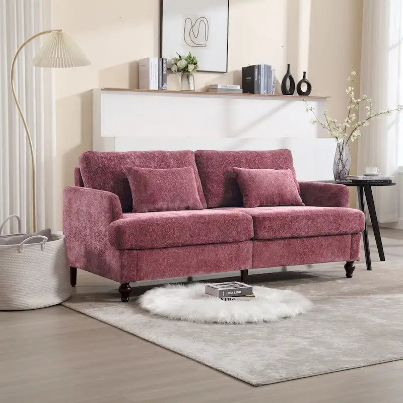 Causeuse en chenille mi-siècle moderne émeraude/grise/noire/rose/beige/orange avec cadre en bois et coussins amovibles - 2 places