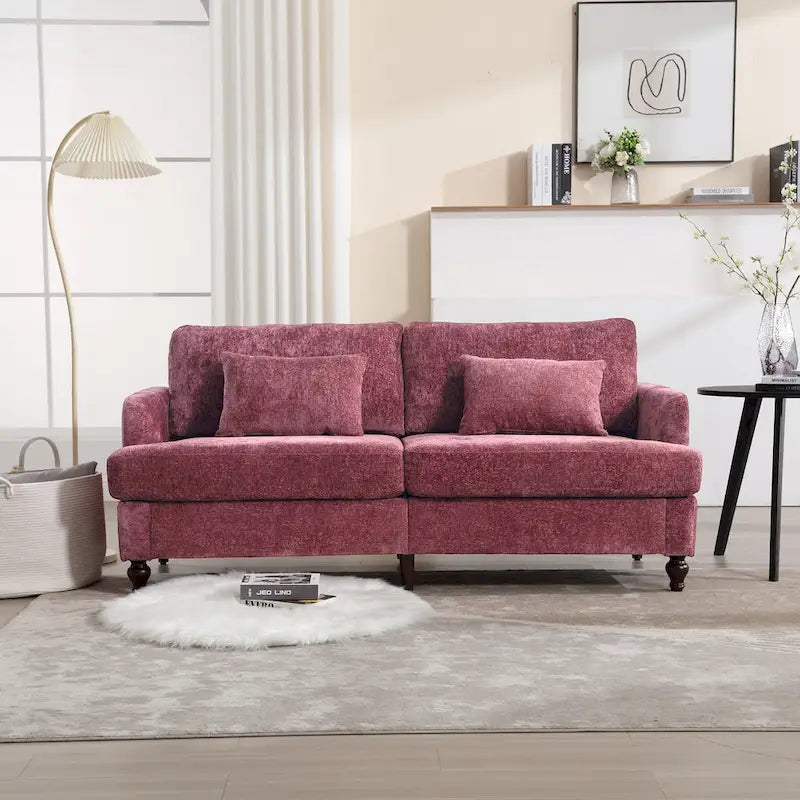 Causeuse en chenille mi-siècle moderne émeraude/grise/noire/rose/beige/orange avec cadre en bois et coussins amovibles - 2 places