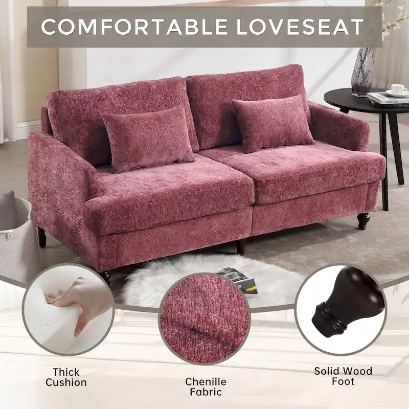 Causeuse en chenille mi-siècle moderne émeraude/grise/noire/rose/beige/orange avec cadre en bois et coussins amovibles - 2 places