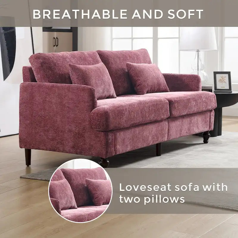 Causeuse en chenille mi-siècle moderne émeraude/grise/noire/rose/beige/orange avec cadre en bois et coussins amovibles - 2 places