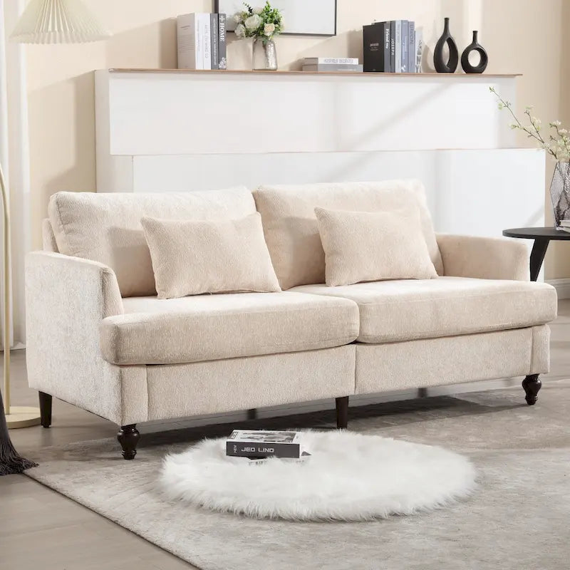 Causeuse en chenille mi-siècle moderne émeraude/grise/noire/rose/beige/orange avec cadre en bois et coussins amovibles - 2 places