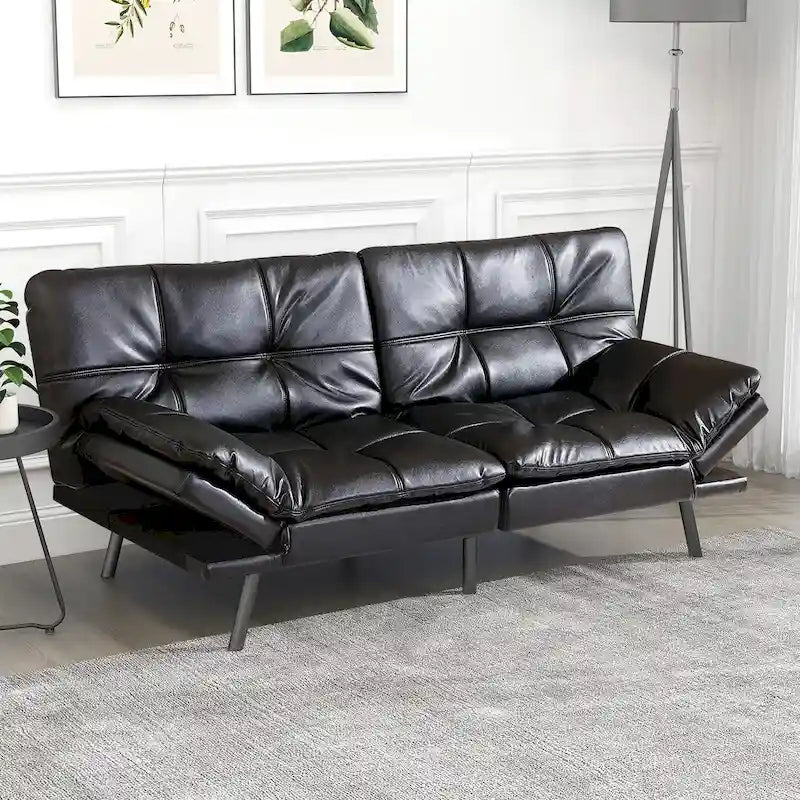 Canapé-lit futon à dossier fendu en similicuir noir mat/noir/amélioré avec accoudoirs réglables - Convient pour 2 personnes