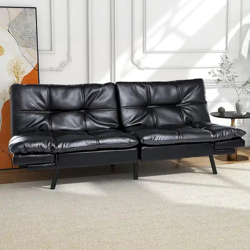 Canapé-lit futon à dossier fendu en similicuir noir mat/noir/amélioré avec accoudoirs réglables - Convient pour 2 personnes
