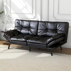 Canapé-lit futon à dossier fendu en similicuir noir mat/noir/amélioré avec accoudoirs réglables - Convient pour 2 personnes
